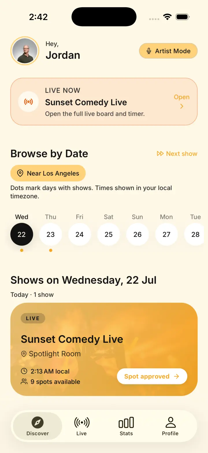 Backstage Artist Discover screen with sample show data