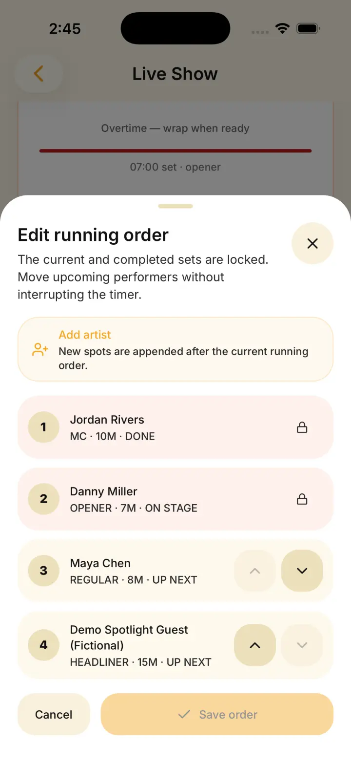 Backstage Producer live lineup editor with sample performer data