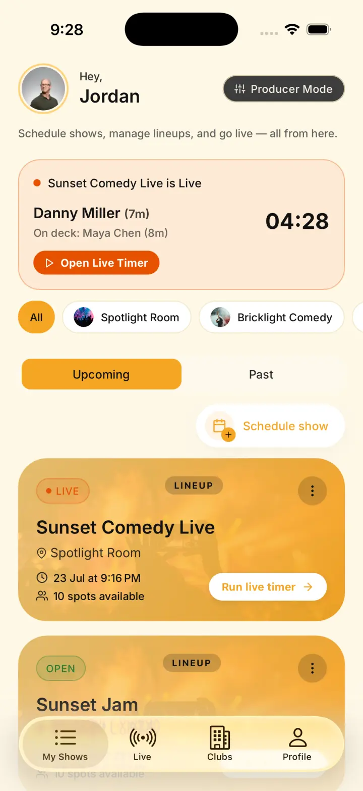 Backstage Producer My Shows screen with sample show data