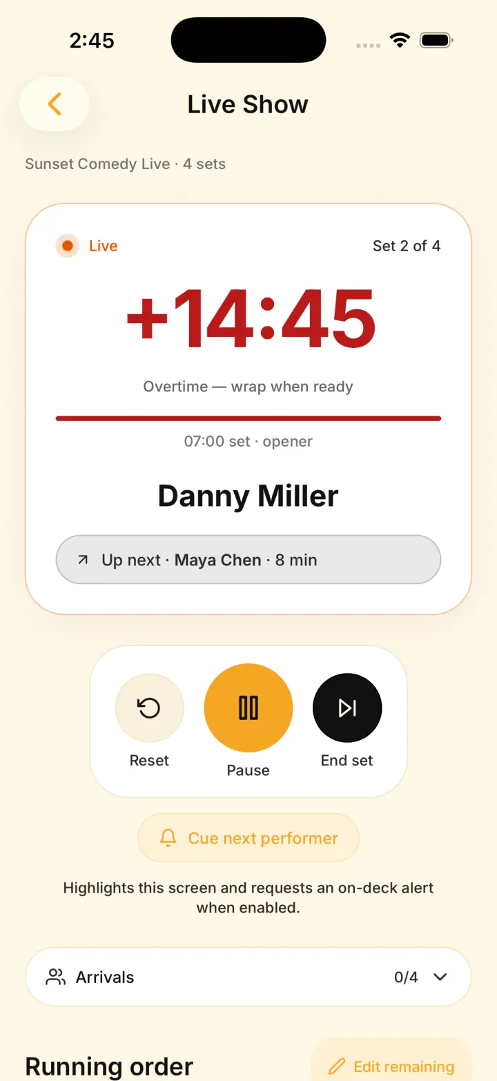 Backstage Producer live timer with sample show and performer data
